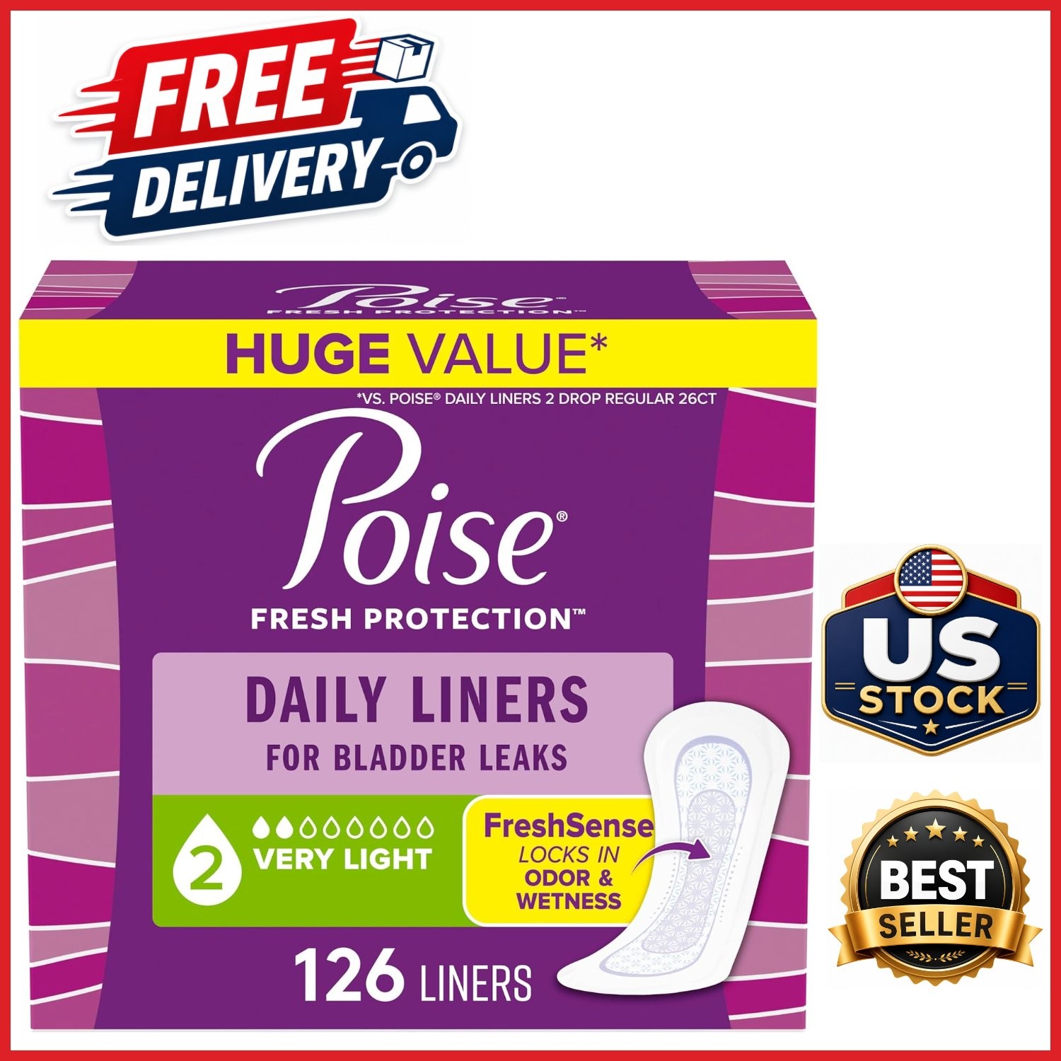 Regular Length Incontinence Liners for Women 126 Count Odor Control Technology