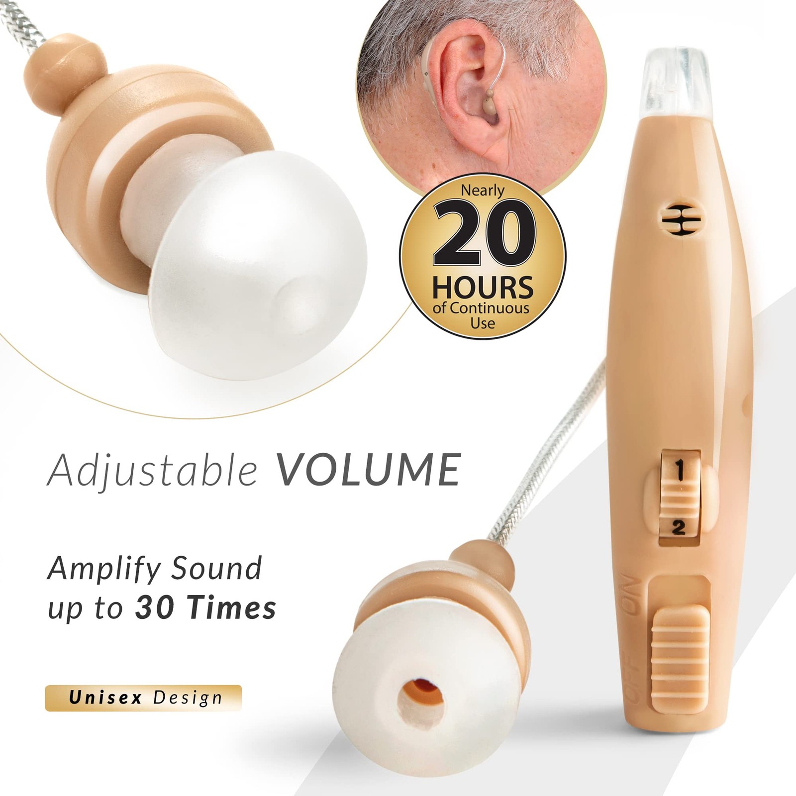 Sound Amplifier 30x Amplification 20 Hours Use Adjustable Volume Nude