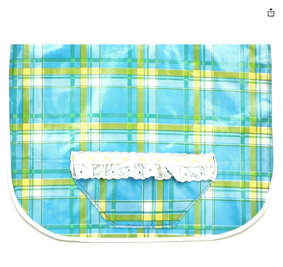 Adult Dining Oilcloth Bib,Blue Plaid,White RuffleCollar,Loop&Hook Closure,Pocket