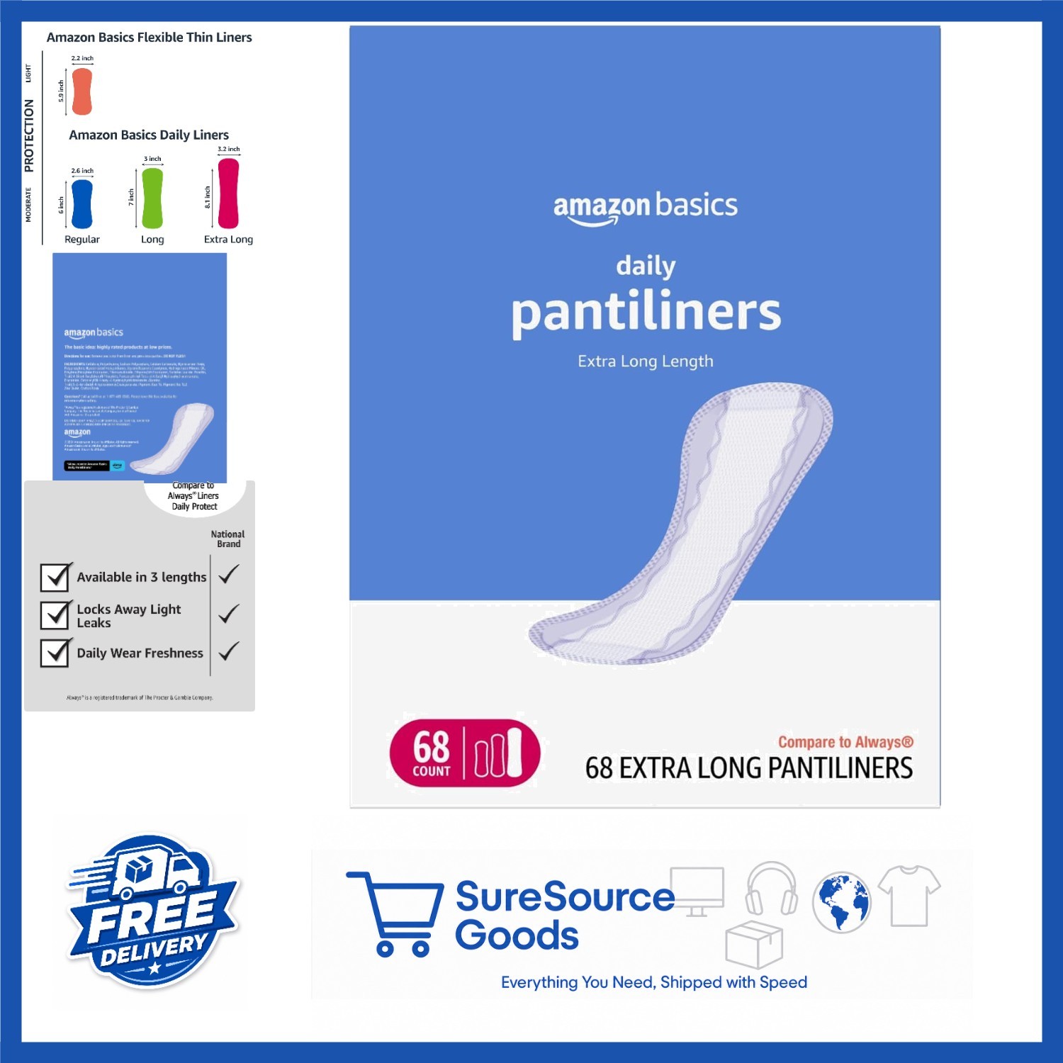 Feminine Pads Extra Long 68 Count Daily Pantiliners Unscented Leak Protection
