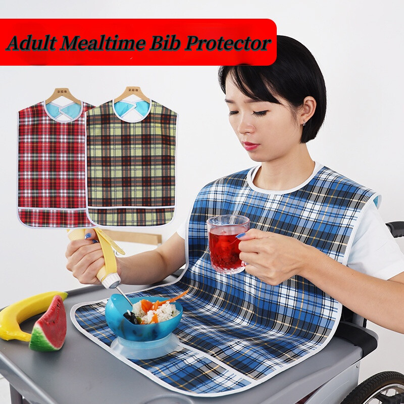 1PC Adult Checked Mealtime Bib Protector Waterproof Elder Dining Aid Apron Plaid
