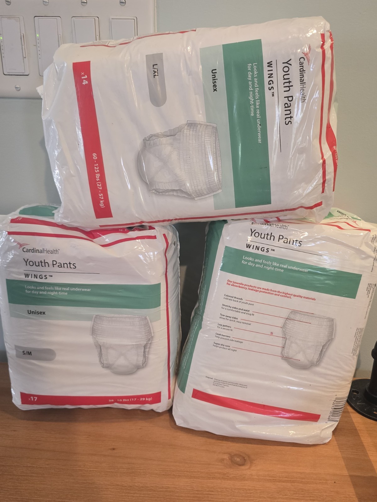 Cardinal Health Wings Youth Pants Unisex Diapers Lot of 3 Packs – S/M & L/XL