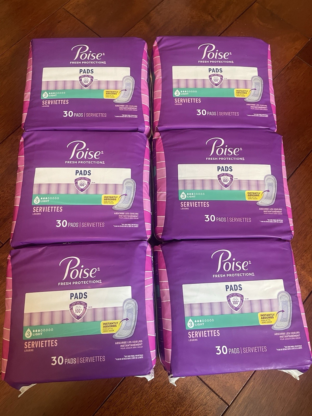 6xPoise Pads Regular Length 3 Light Absorbency 3 in 1 30 ct Each 180 Ct Total