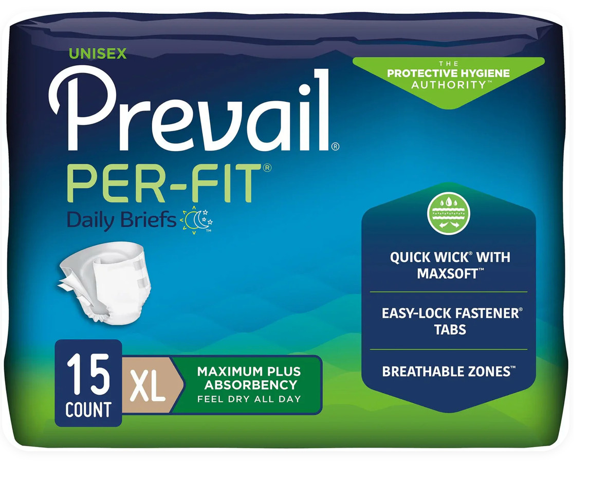 Prevail Per-Fit Adult Daily Briefs X-Large 59”-64”, case 4×15 Packs (60 total)