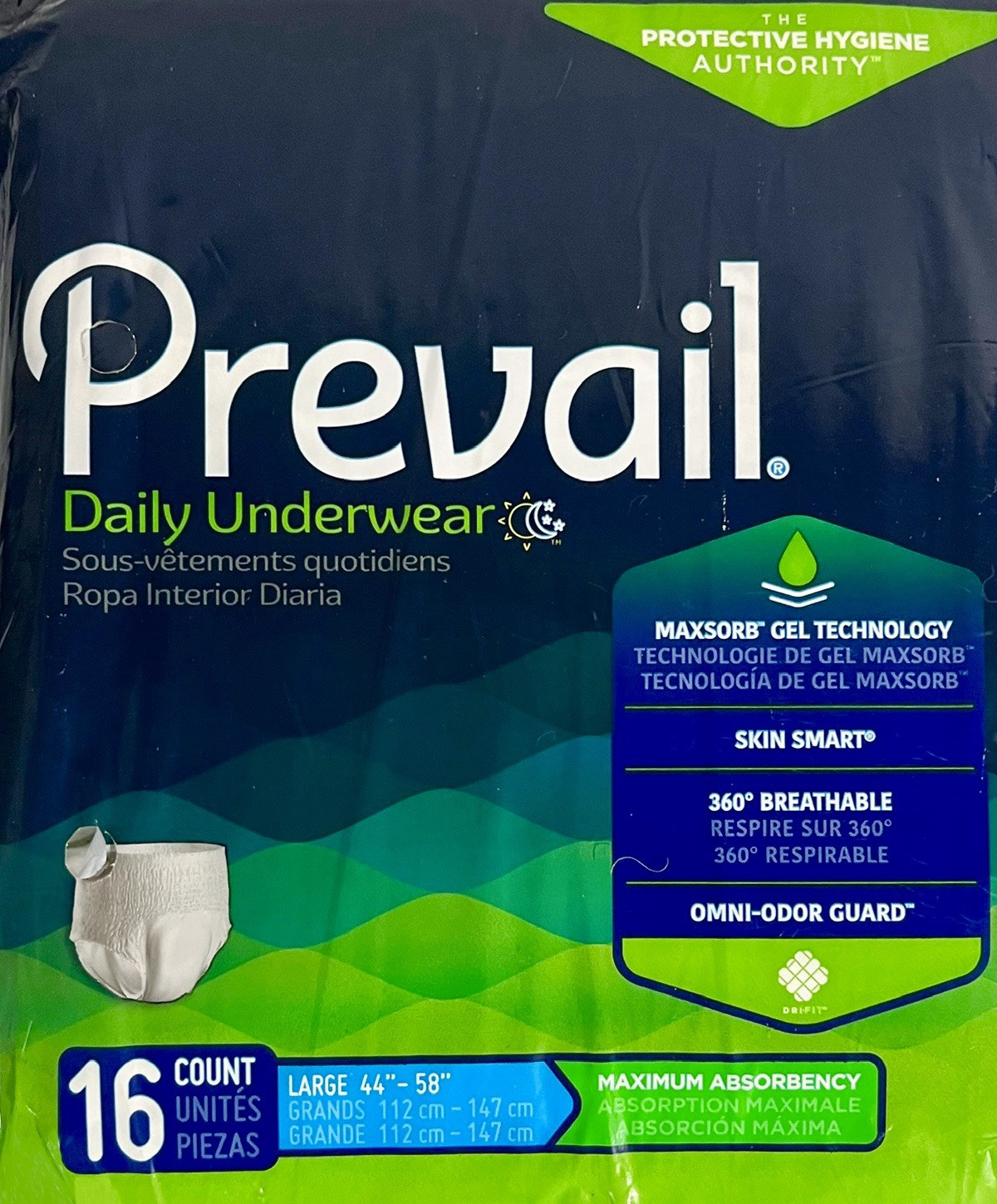 Prevail Disposable Daily Underwear White Size Large 44”-58” 16 Ct Max Absorb NEW
