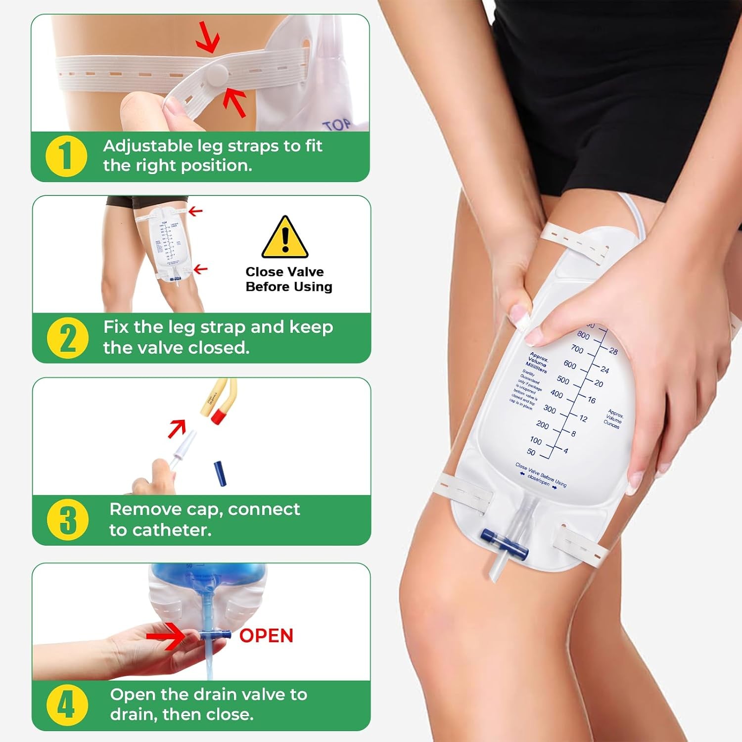 6 Pack 1000ml Foley Catheter Leg Bags for Men Urine Bags Splash-Resistant Drain