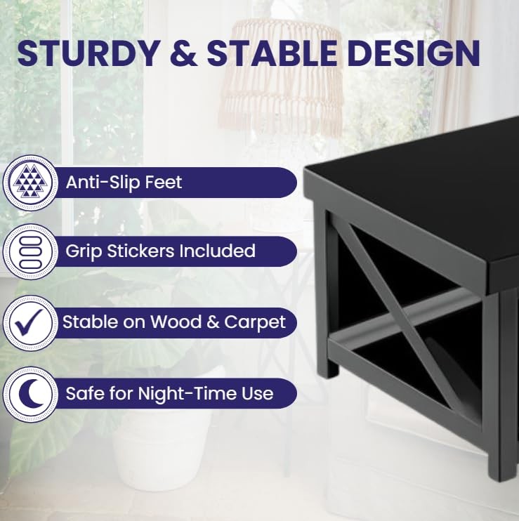 Wooden Bedside Step Stool for Bed 8 Inch 500 lb Capacity Storage Shelf Black