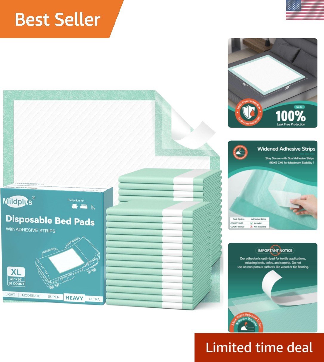 Bed Pads with Adhesive Strips 30”X36”, 30 Count Chucks Disposable Underpads…