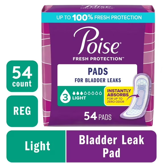 Poise Incontinence Pads for Women, 3 Drop Light Absorbency, Regular Length,54 CT
