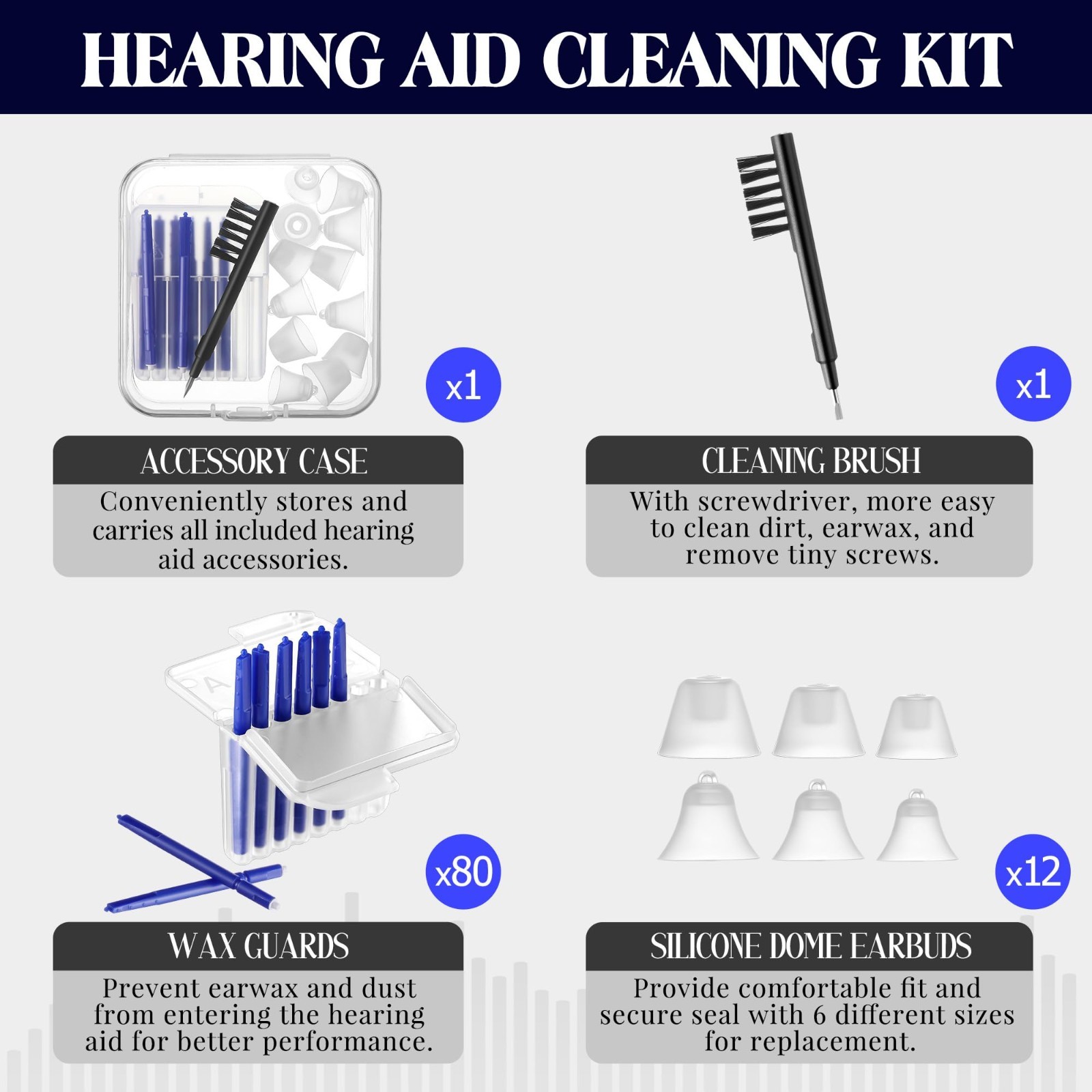 Hearing Amplifier Cleaning Kit – 17 Pcs, Silicone Domes, Brush, Wax Guards & Cas
