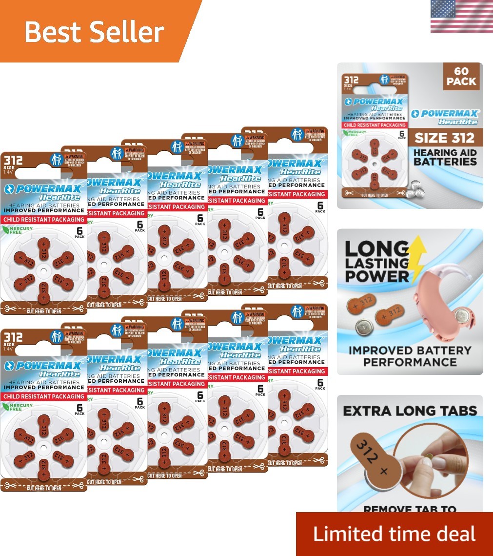 Size 312 Zinc-Air Hearing Aid Batteries – 60 Count for Clear Sound Quality