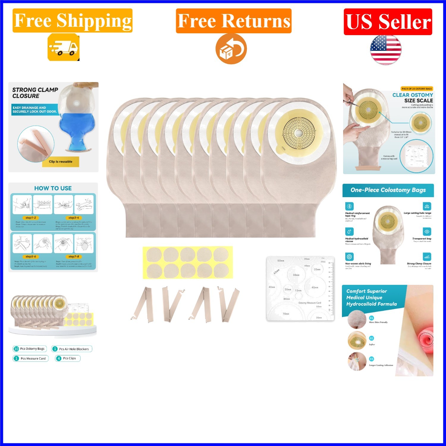 10Pcs Medical Ostomy Bags 20-60mm Cut-to-Fit, Odor Control, Reusable