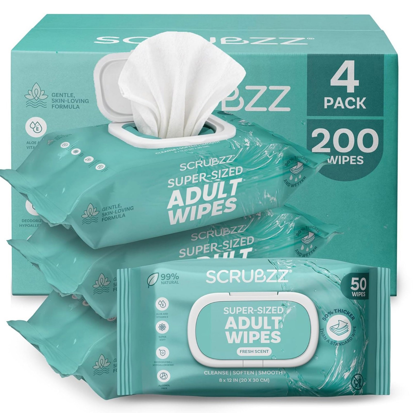 Extra Large Adult Wipes 8” x 12” – Premium Moist No Rinse Bathing & Hygiene – 20