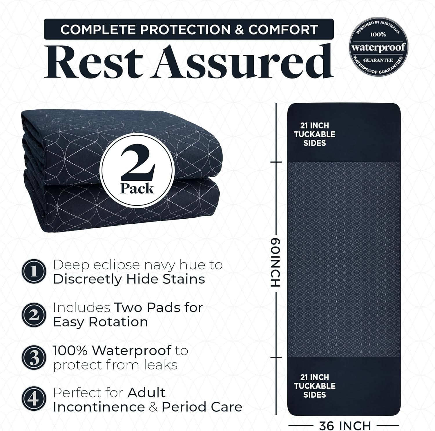 Waterproof Queen Bed Pads 36×60″ (2-Pack) with Tuckable Wings – Eclipse Navy