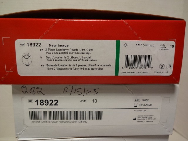10 Hollister 18922 Urostomy Pouch Size (G), Flange 1(3/4) inch, 2 Adapters