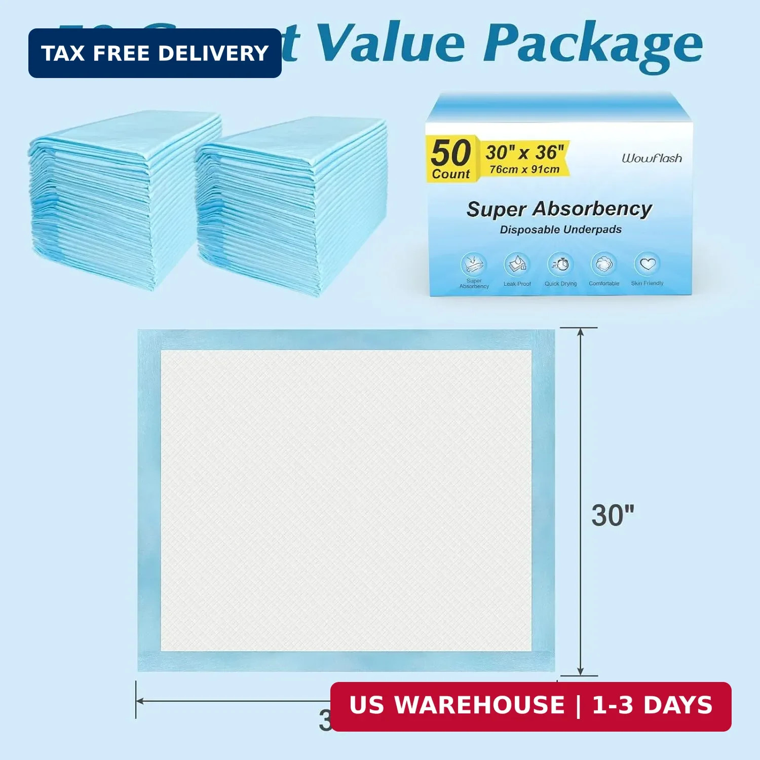 Wowflash Super Absorbency Disposable Leakproof Underpads with Quick Drying for B