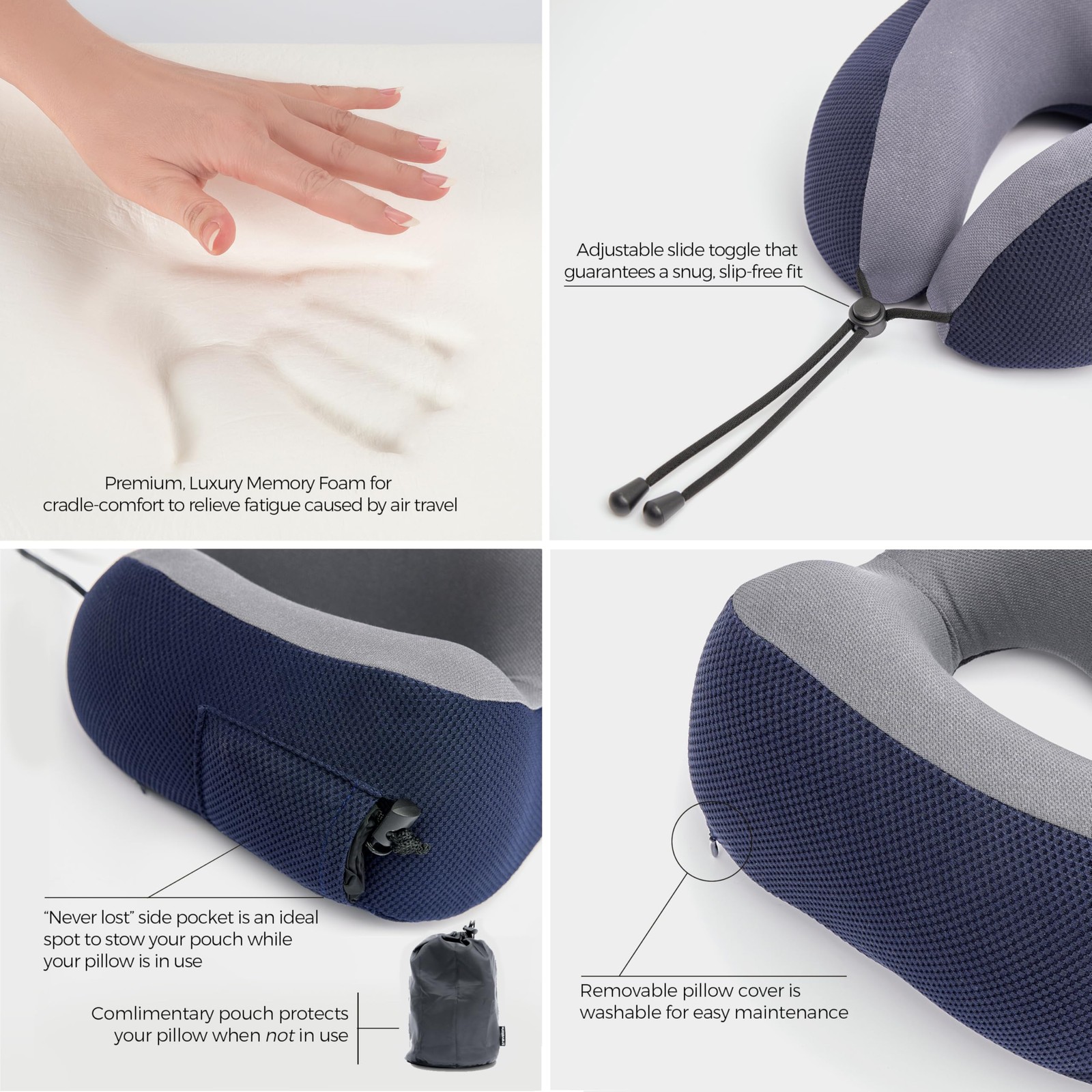 Travelon Transit Premium Neck Pillow 10.25”W X 5.75””H X 10.5”D, Navy/Gray