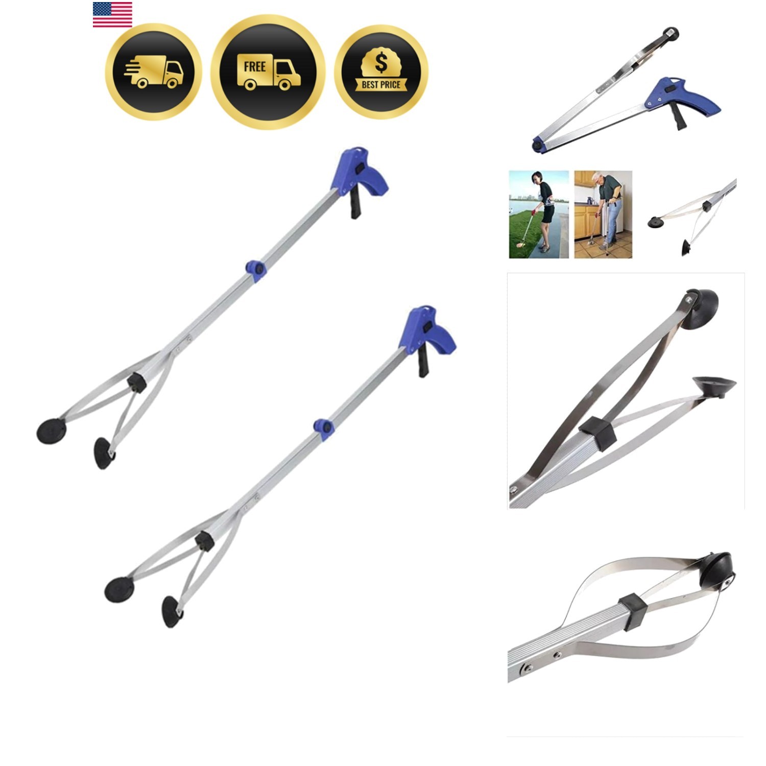 New Version] 2 Pack Foldable Reacher Grabber Tool, Long 32″ Foldable Extender…