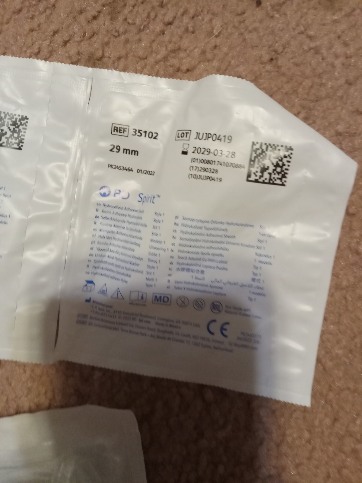 Spirit 7 Count Hydrocolloid Adhesive Sheath 29mm Style 1 Bard 35102