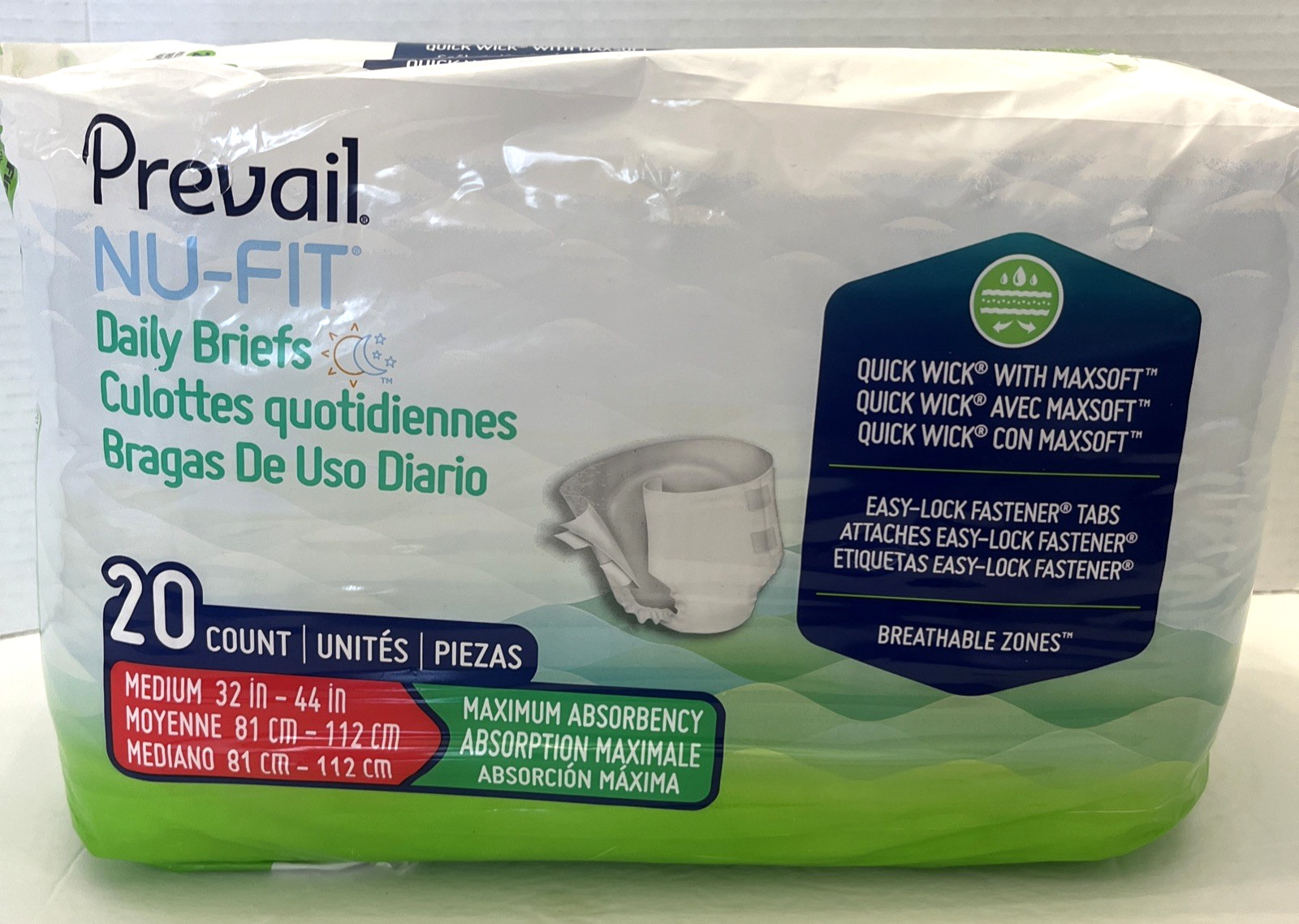 Prevail NU-FIT Daily Briefs Medium Maximum Absorbency 20 Count Easy-Lock Tabs