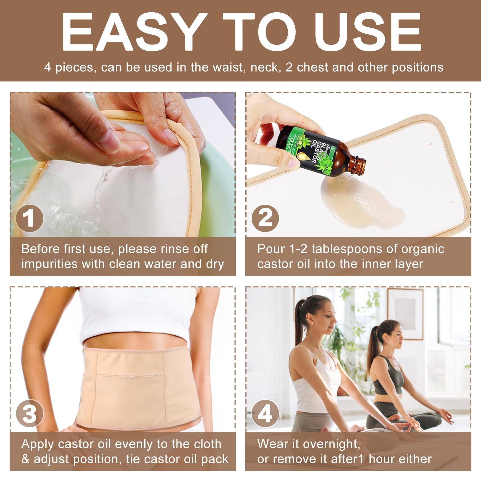 4 Pcs Castor Oil Pack Wrap Organic Cotton for Liver 1 Count (Pack of 4)
