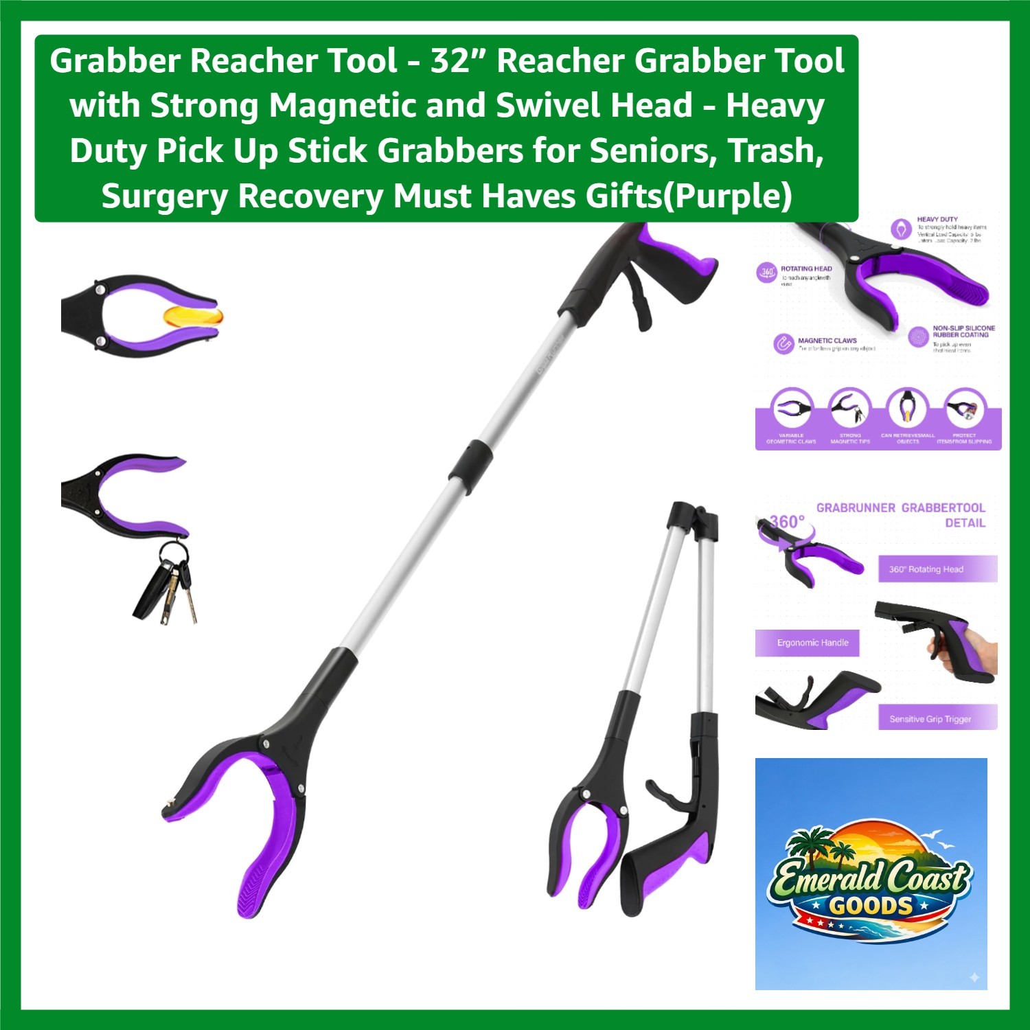 Grabber Reacher Tool – 32” Reacher Grabber Tool with Strong Magnetic and Swiv…