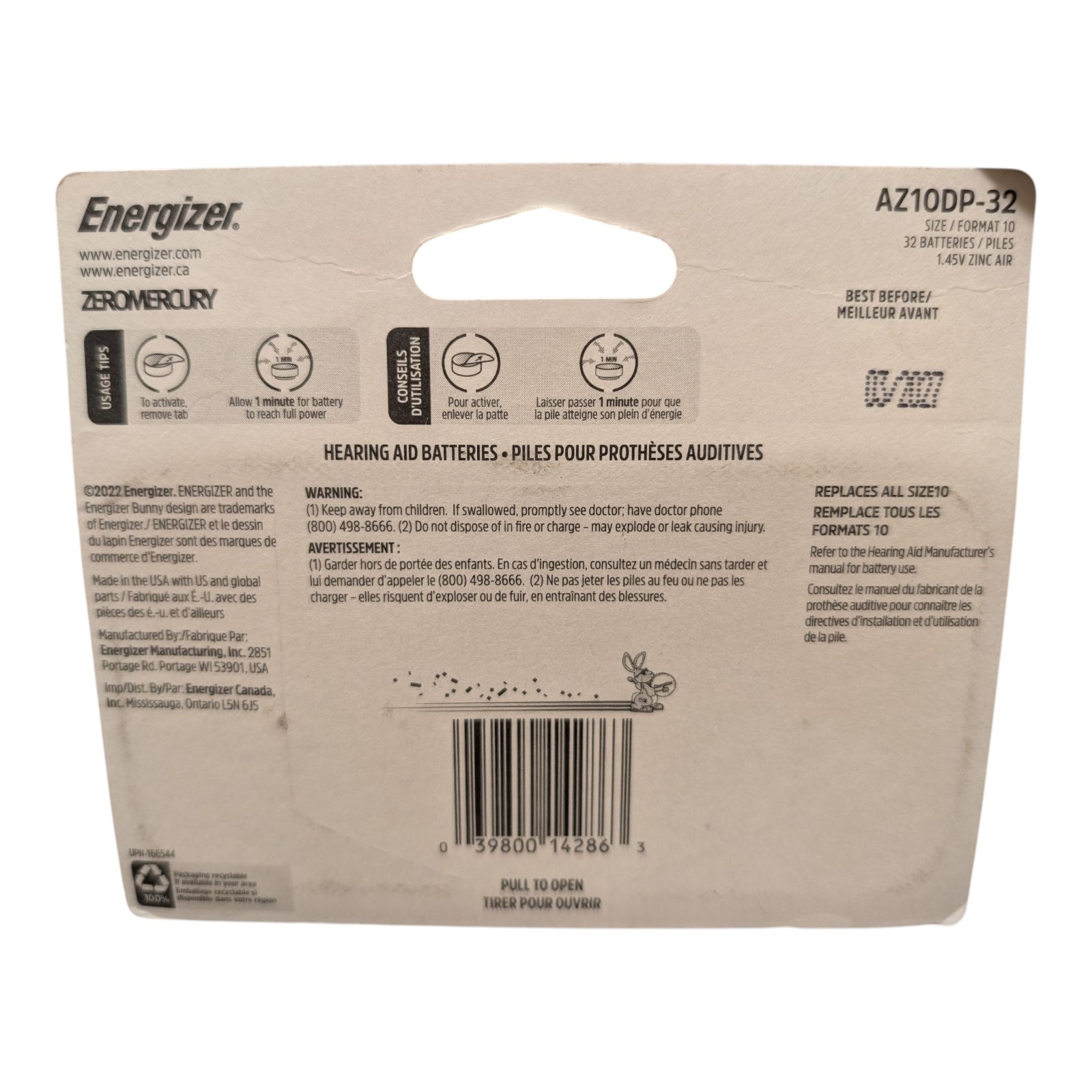 5X Energizer Hearing Aid Batteries Size 10 Zinc Air New 32 Pack BB 03/2027
