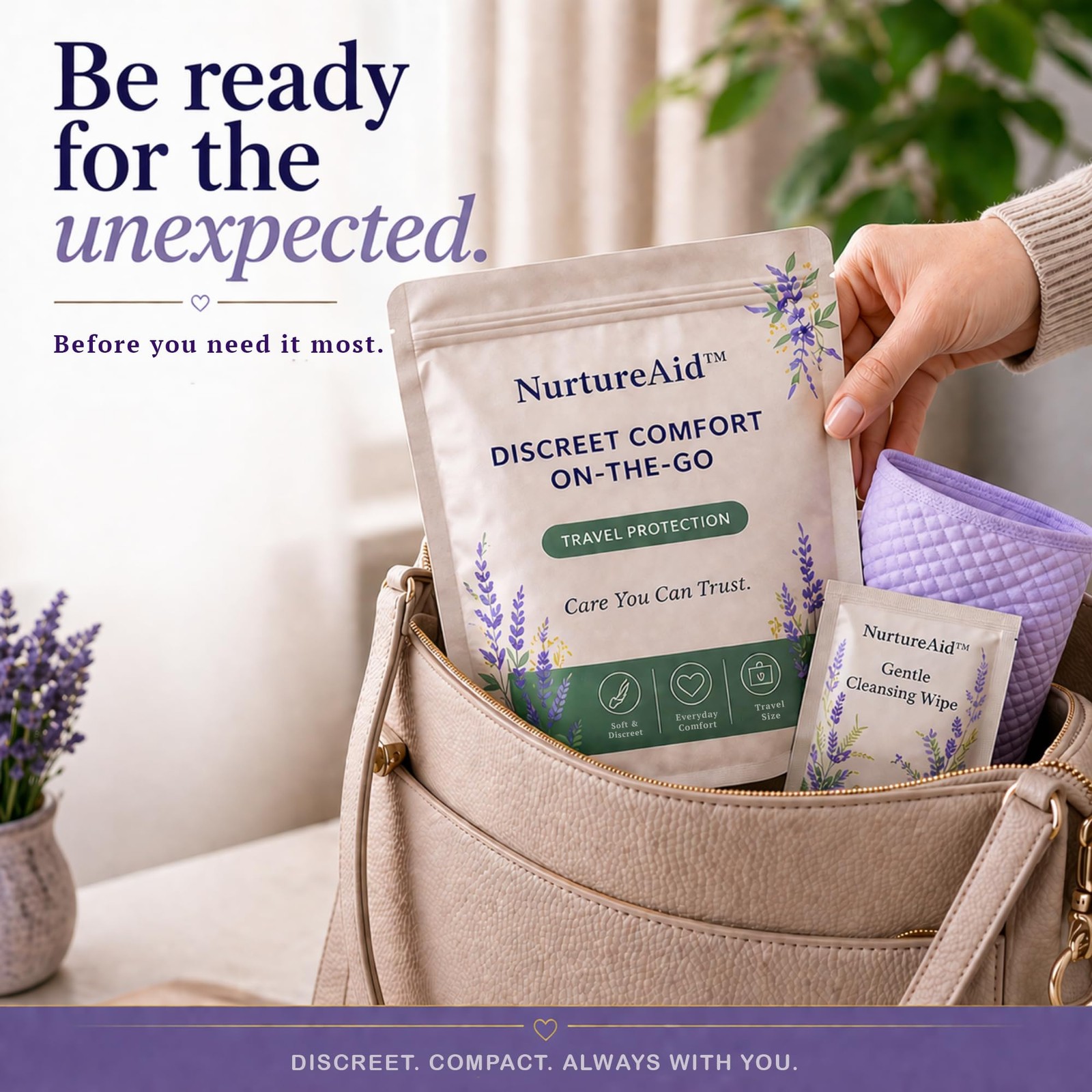 NurtureAid Incontinence Travel Kit Women Large 31-45in Underwear Wipes Cream Bag