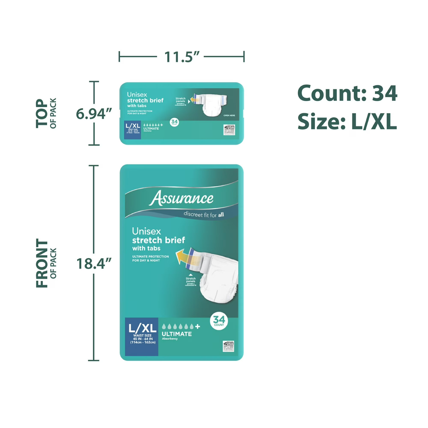 2 Pack Assurance Stretch Briefs with Tabs L XL Incontinence 34Ct
