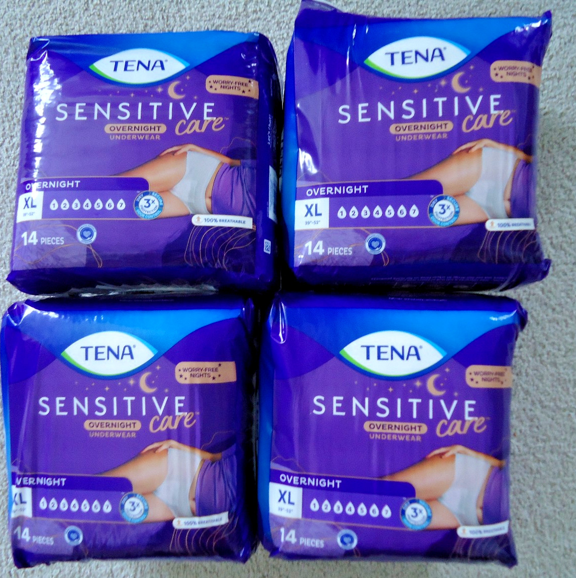 4 PACKS TENA Diapers Sensitive Care Overnight Underwear X-Large, 14 Count