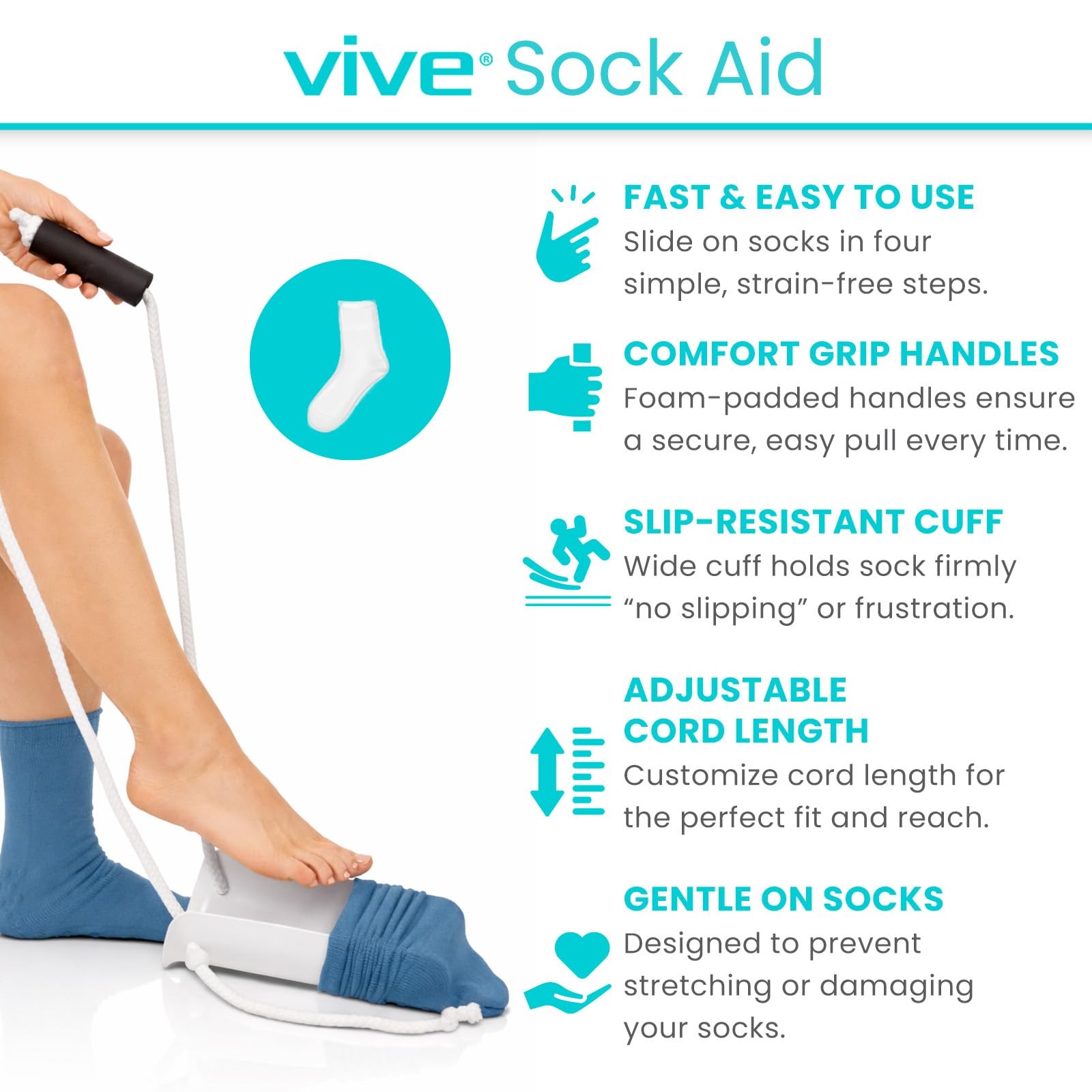 Vive Sock Aid – Easy On and Off Stocking Slider – 1 Count (Pack of 1), White