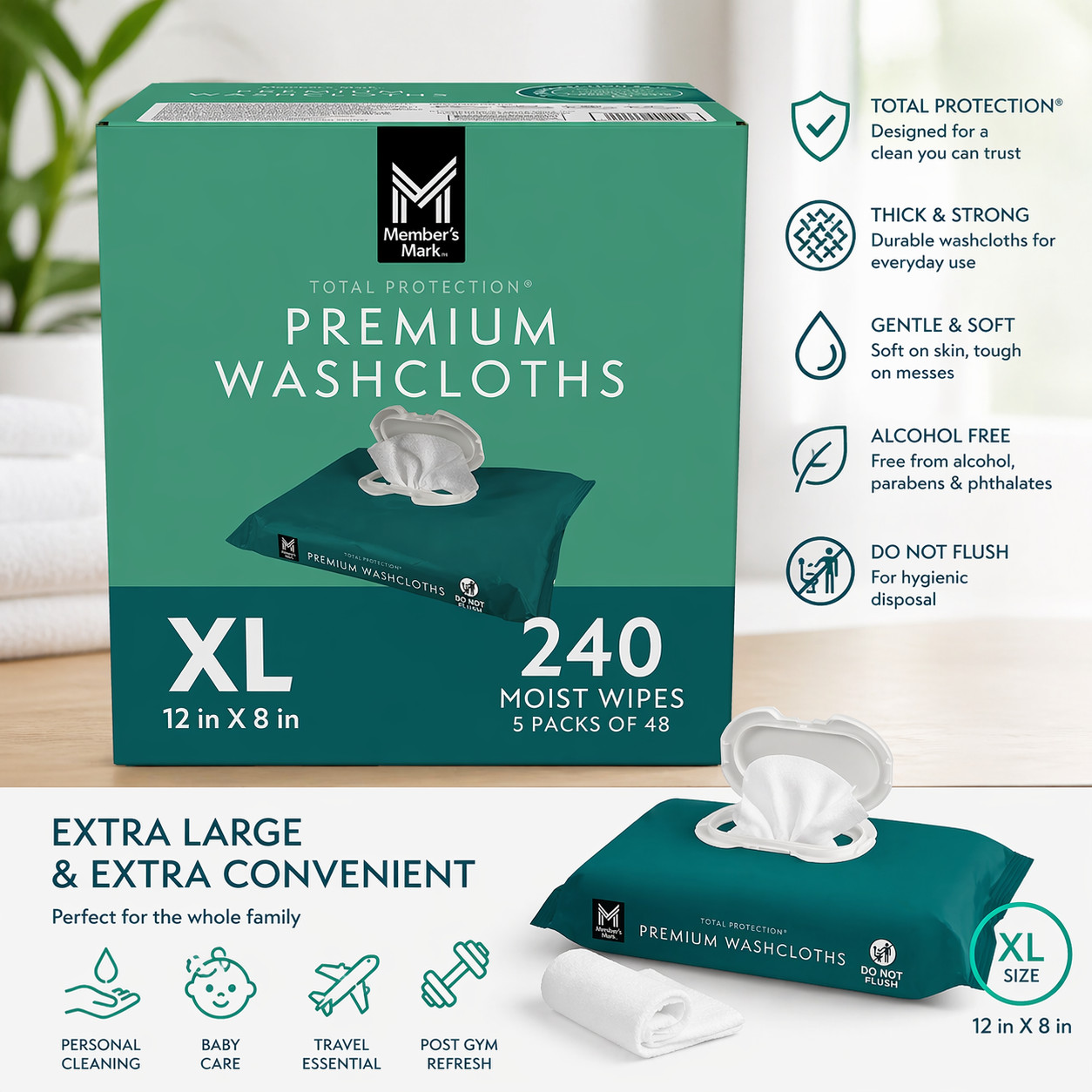 Member’s Mark Adult Washcloths (240 ct.) 5 Packs of 48 Free Shipping