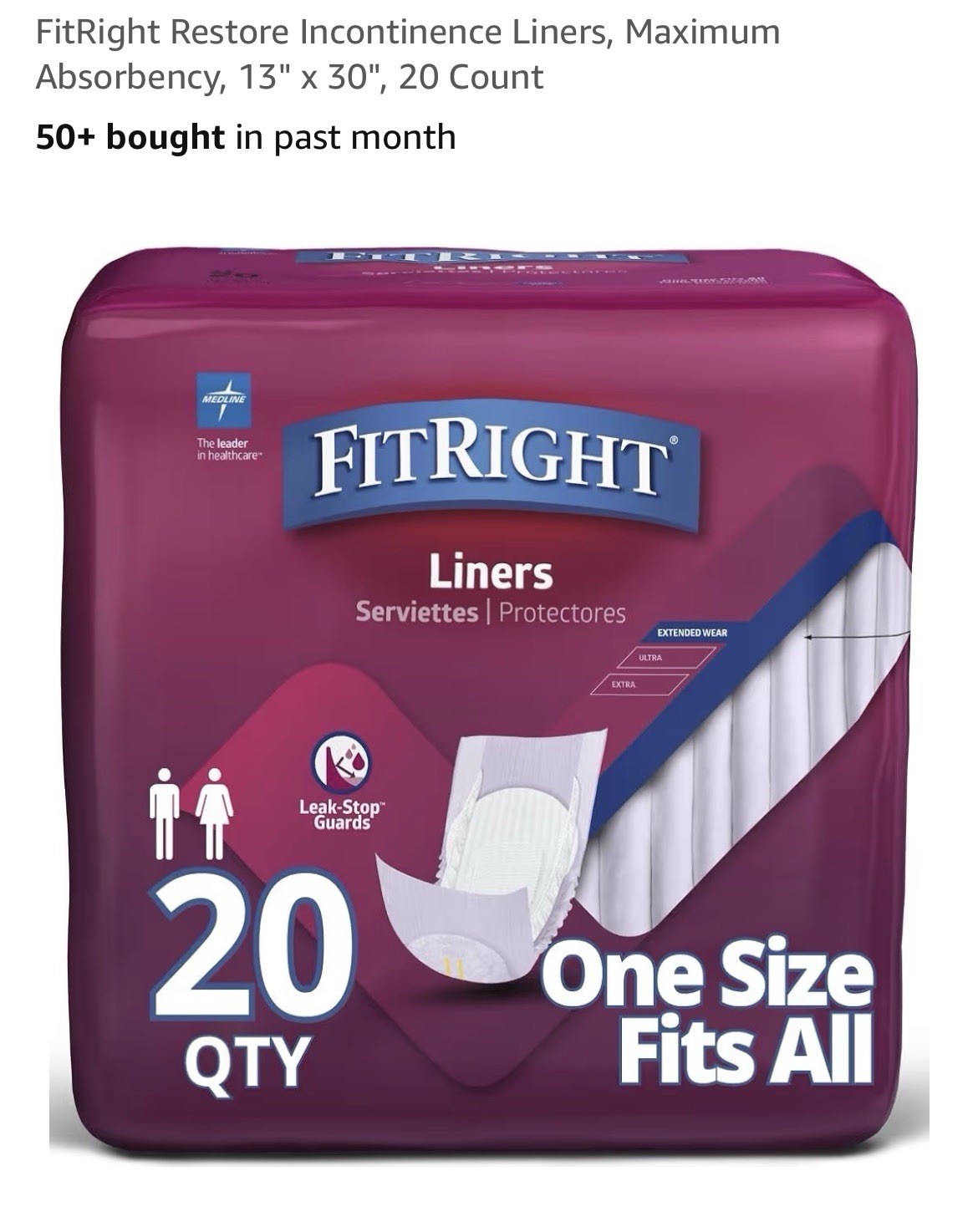 FitRight Incontinence Adult Liners, Extra Absorbent, 80 Count; (4X20=80)