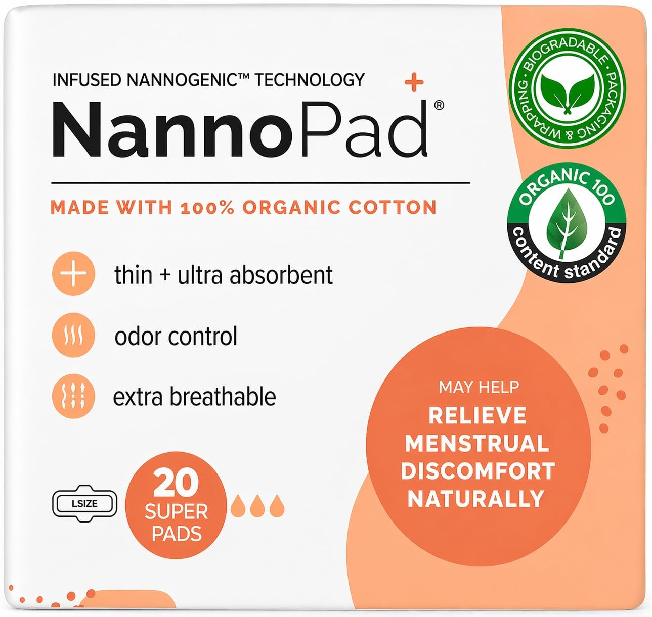 NannoPad Organic Pads for Women – 100% Cotton 1 Pack (20 Pads)