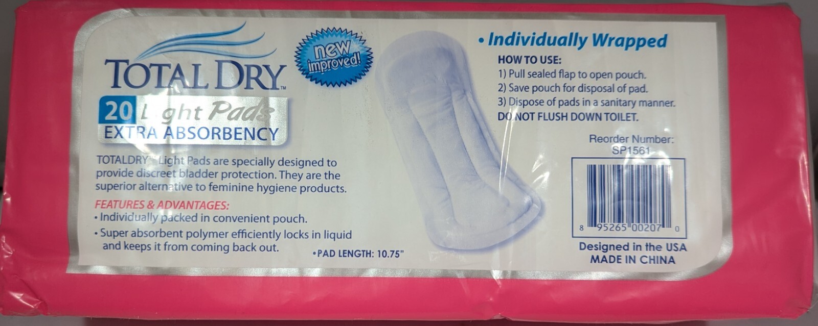 (3 PACK) Total Dry Bladder Protection- 20 Light Pads Extra Absorbency with Wings