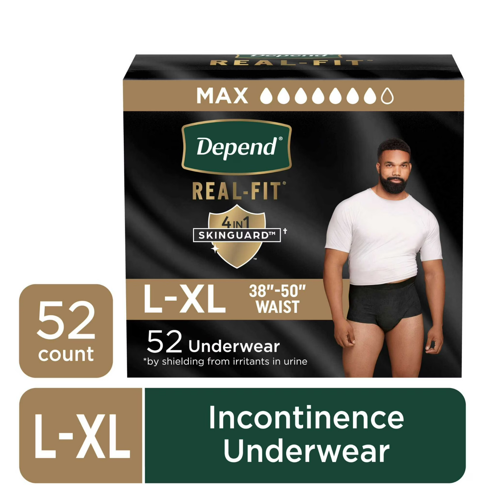 Depend Real Fit Incontinence Underwear for Men, Adult Diapers, L/XL, Black FRS