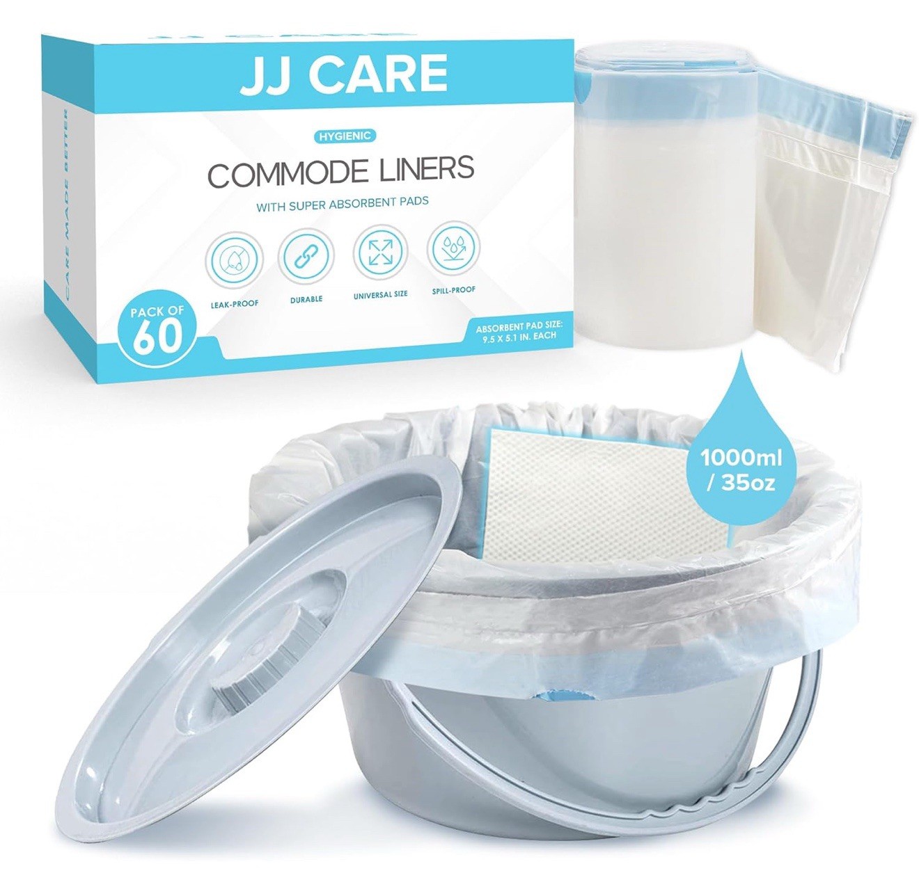 Commode Liners with Absorbent Pads – Pack of 60 Commode Liners for Bedside To…