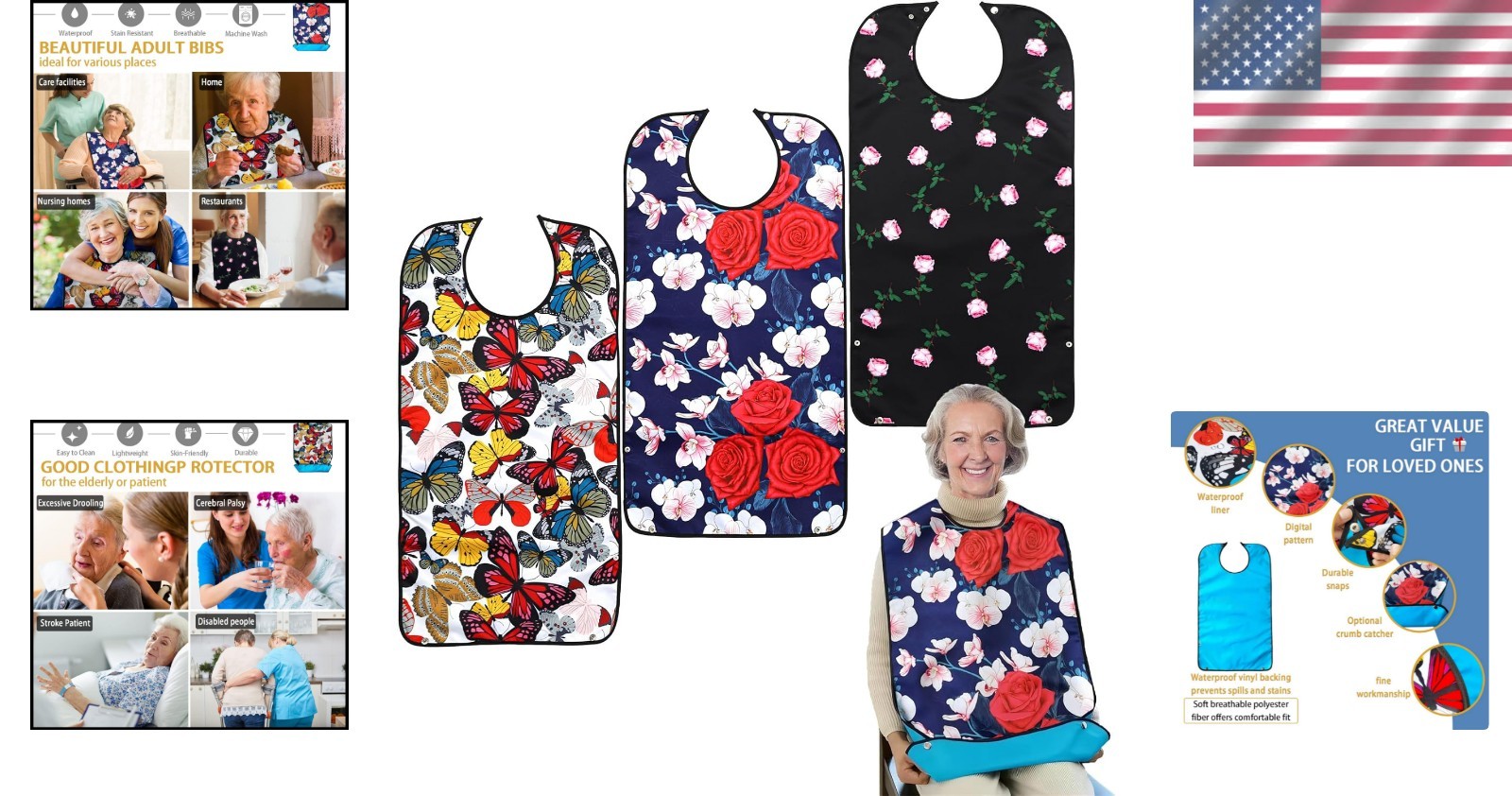 Large 3 Pack Washable Adult Bibs with Adjustable Snap & Crumb Catcher Features