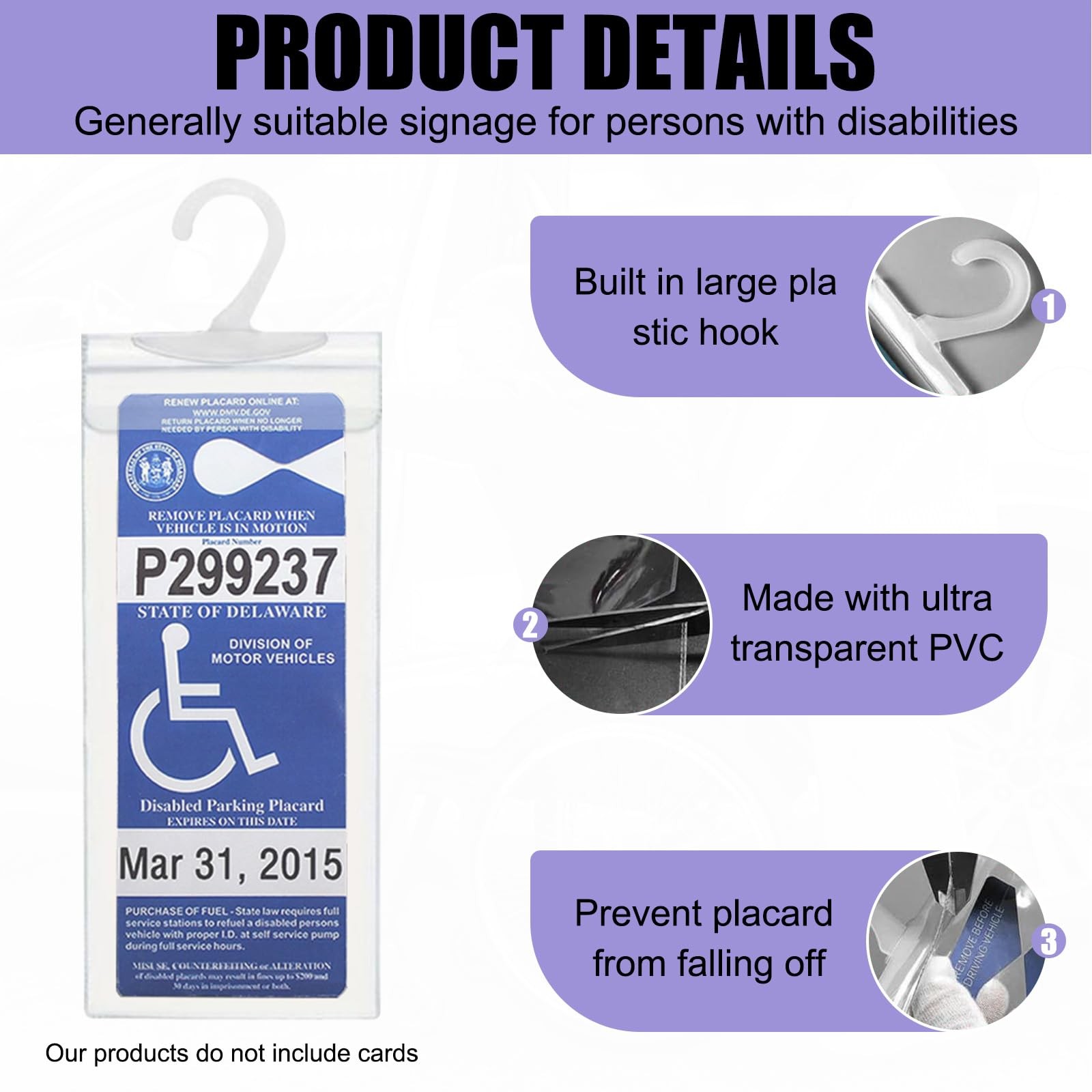 Handicap Placard Holder Transparent PVC Parking Permit Protective Cover with Han