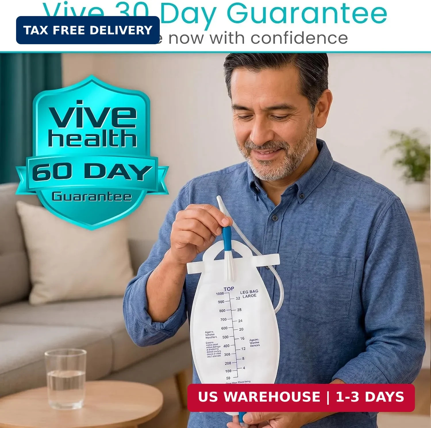 Vive Foley Catheter Leg Bag w/Easy-Tap 18″ Tube – Urinary Drainage Bag, 1000mL,