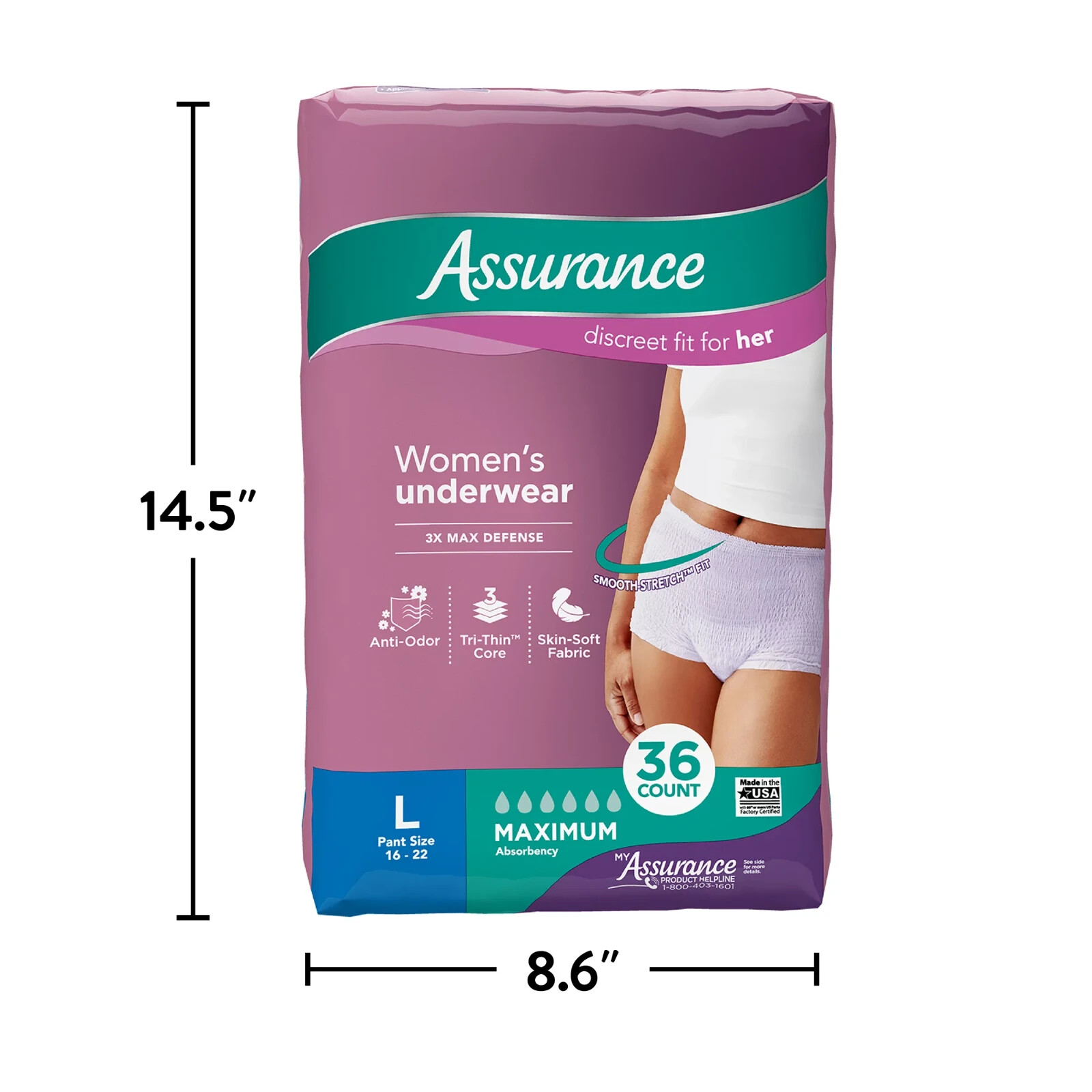108 Count Assurance Incontinence Underwear Women Max Size Large Pant Size 16-22