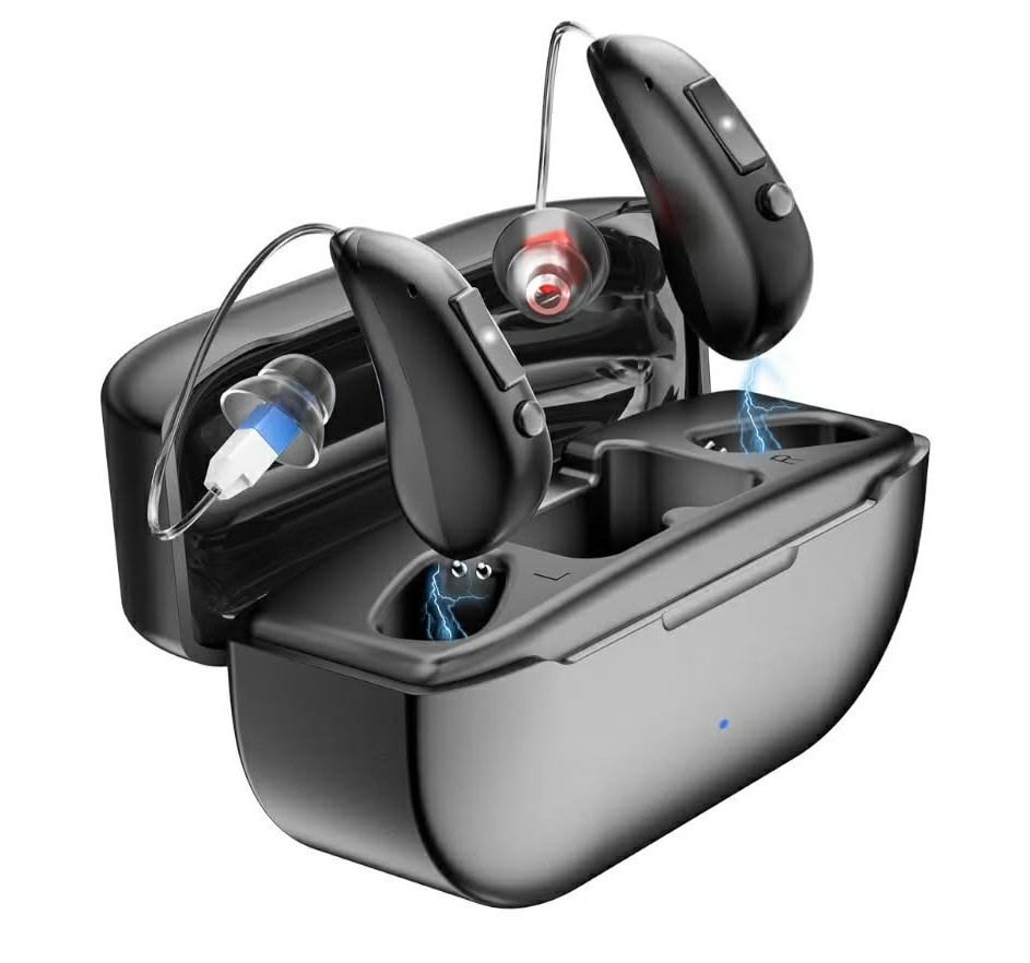 Rechargeable BTE Hearing Amplifier Pair, Black, Noise Reduction, Charging Case