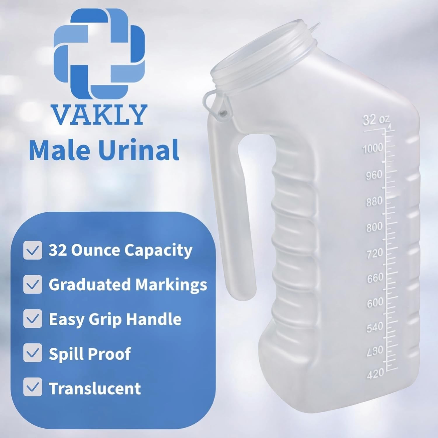 Vakly Male Urinal Bottle with Cover & Handle – Portable Handheld Translucent