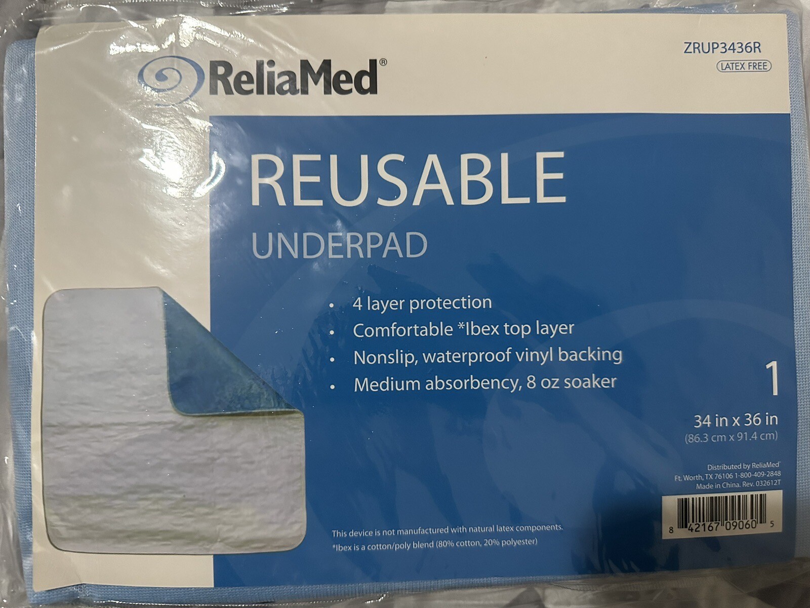 ReliaMed ZRUP3654R Reusable Underpad And 2 Packs Of Pads- Blue