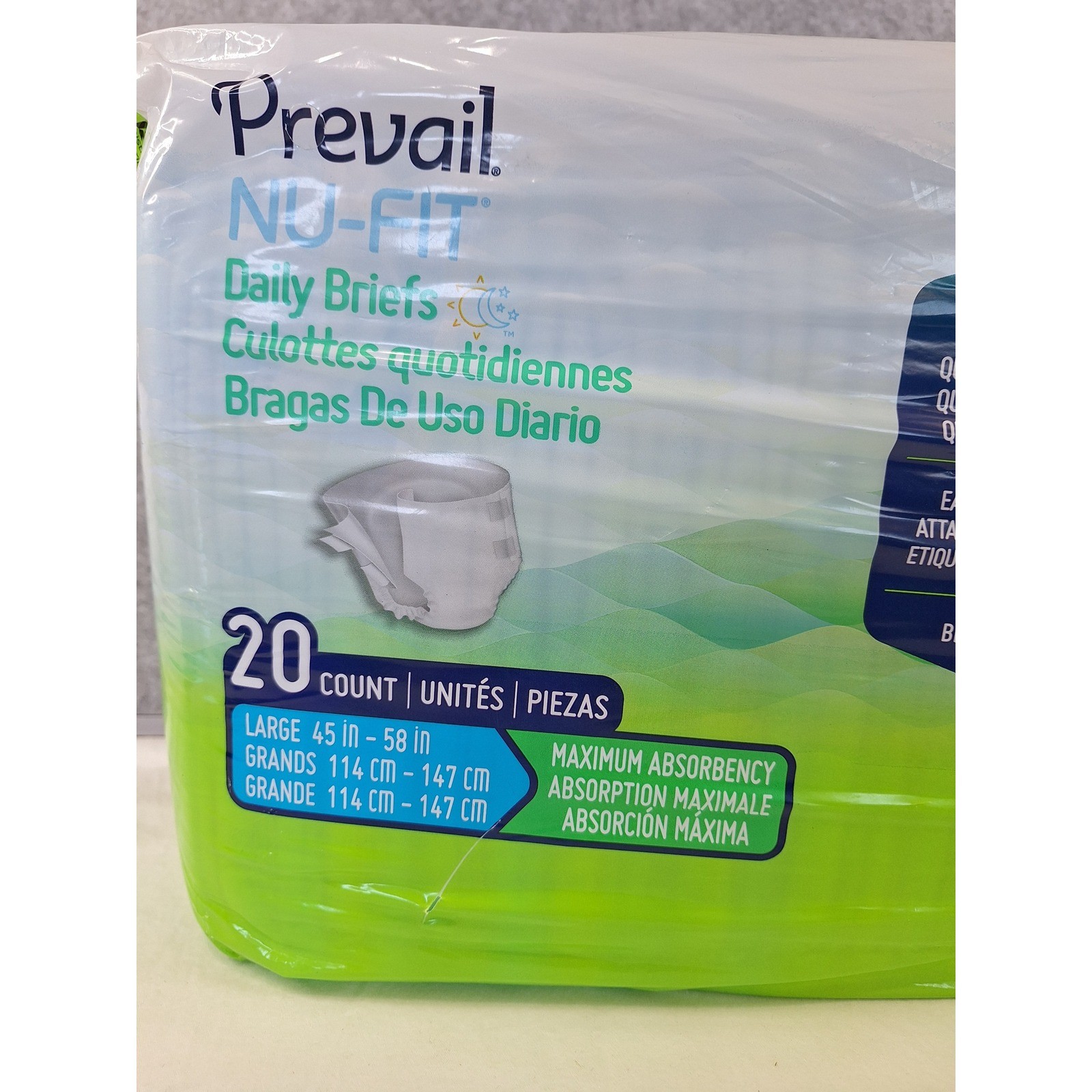 Prevail NU-FIT Daily Briefs Maximum Absorbency Adult Diapers Large 20 Count Pack