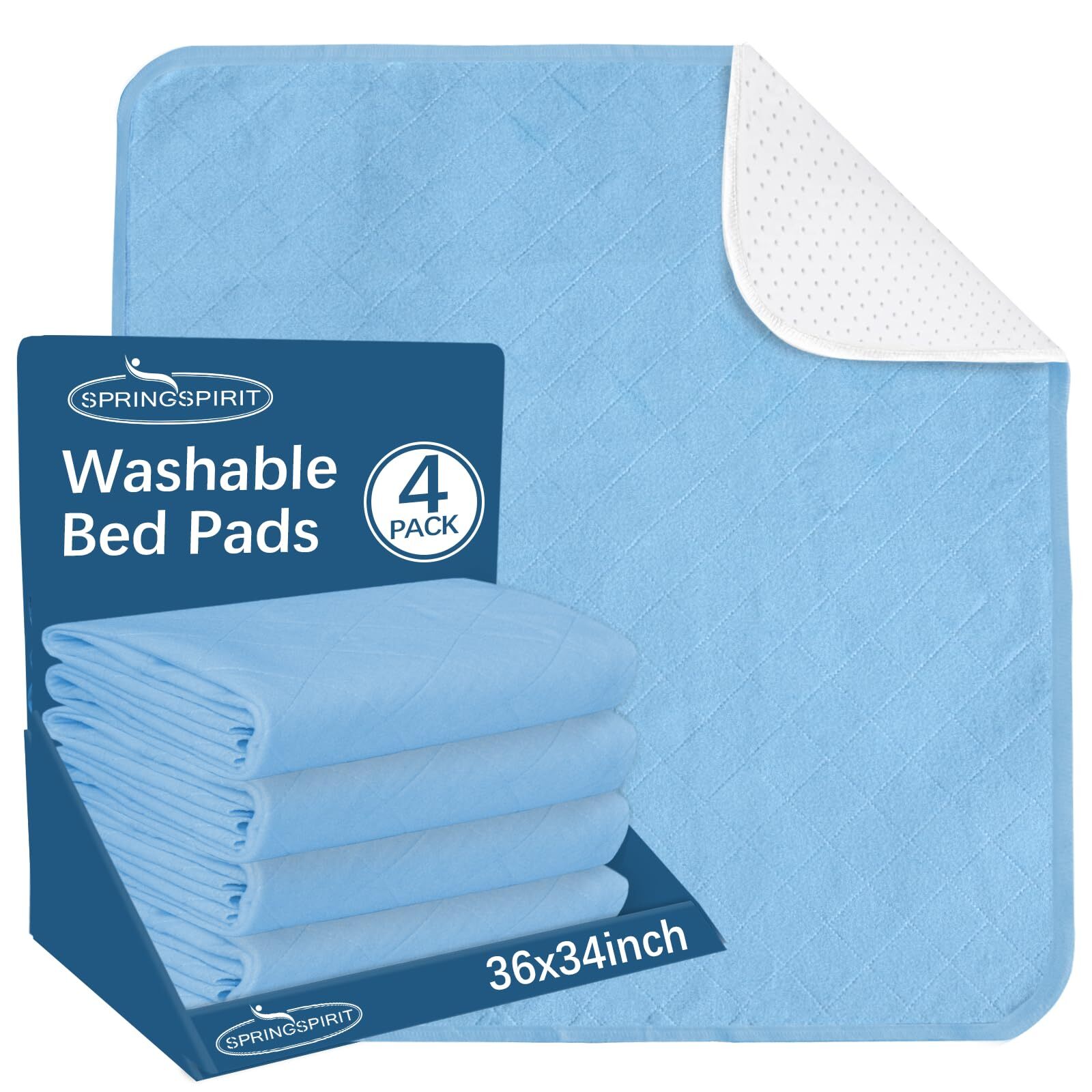 Waterproof Incontinence Bed Pads 34” x 36” (Pack of 4), Washable Underpad C…