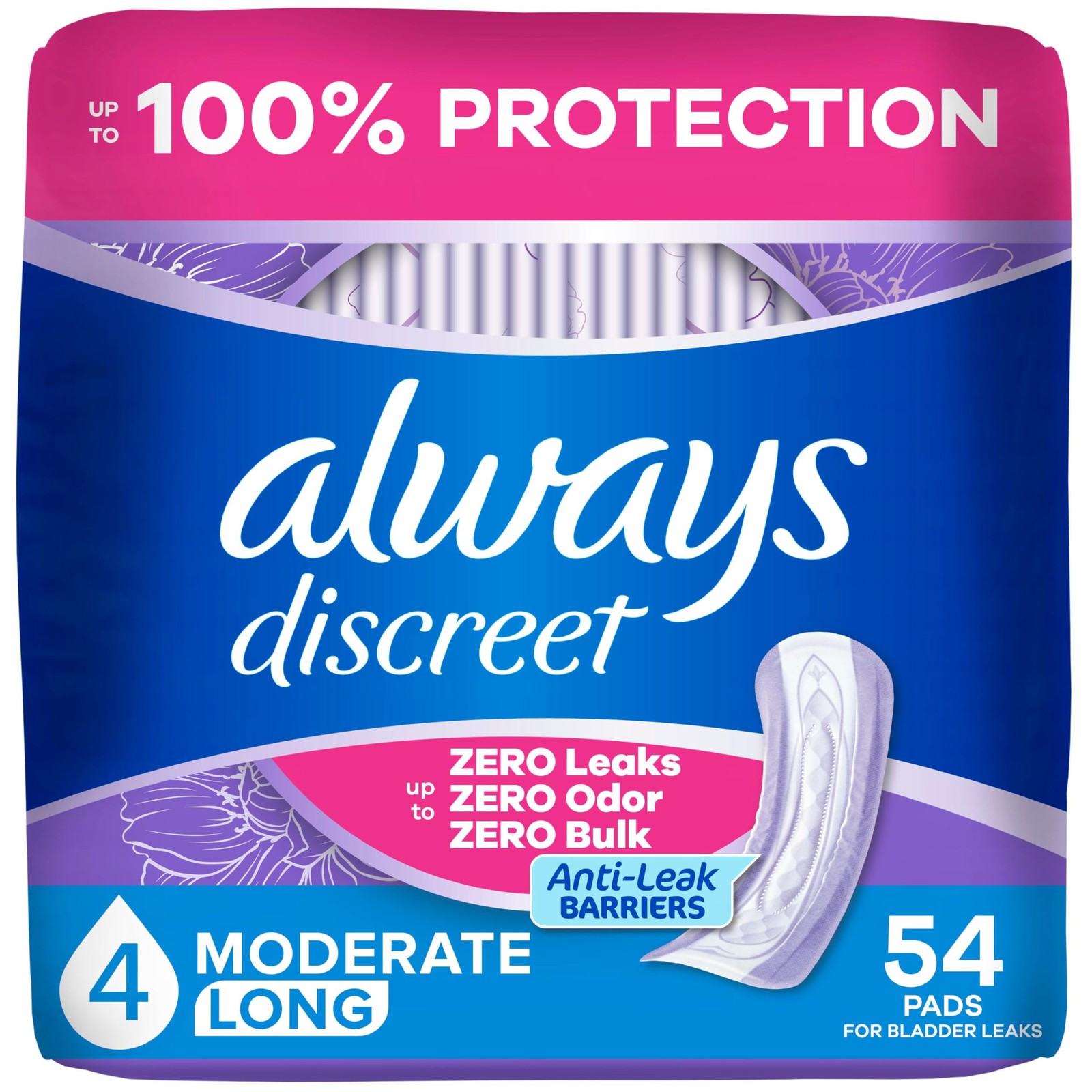 Always Discreet Adult Incontinence Pads for Women, Drier, 4 Drop Long, White