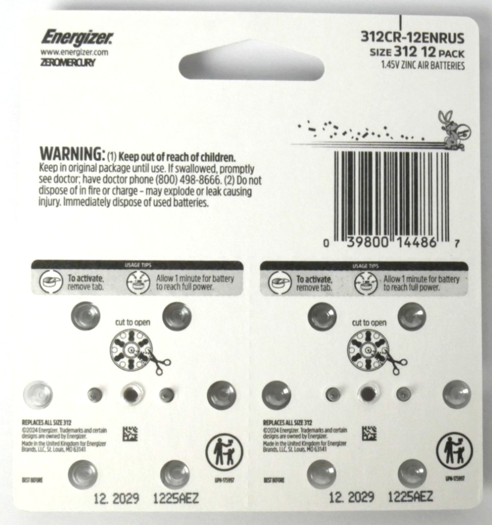 *120 Count* Lot of 10 12-packs ENERGIZER 312 1.45V Hearing Aid Battery Exp 12/29