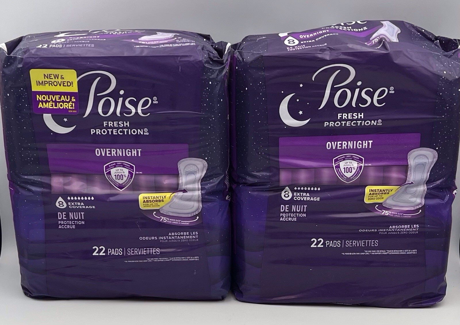 Poise Overnight Pads ~ 8 Drop Extra Coverage, 44 Count (2 Packs of 22)