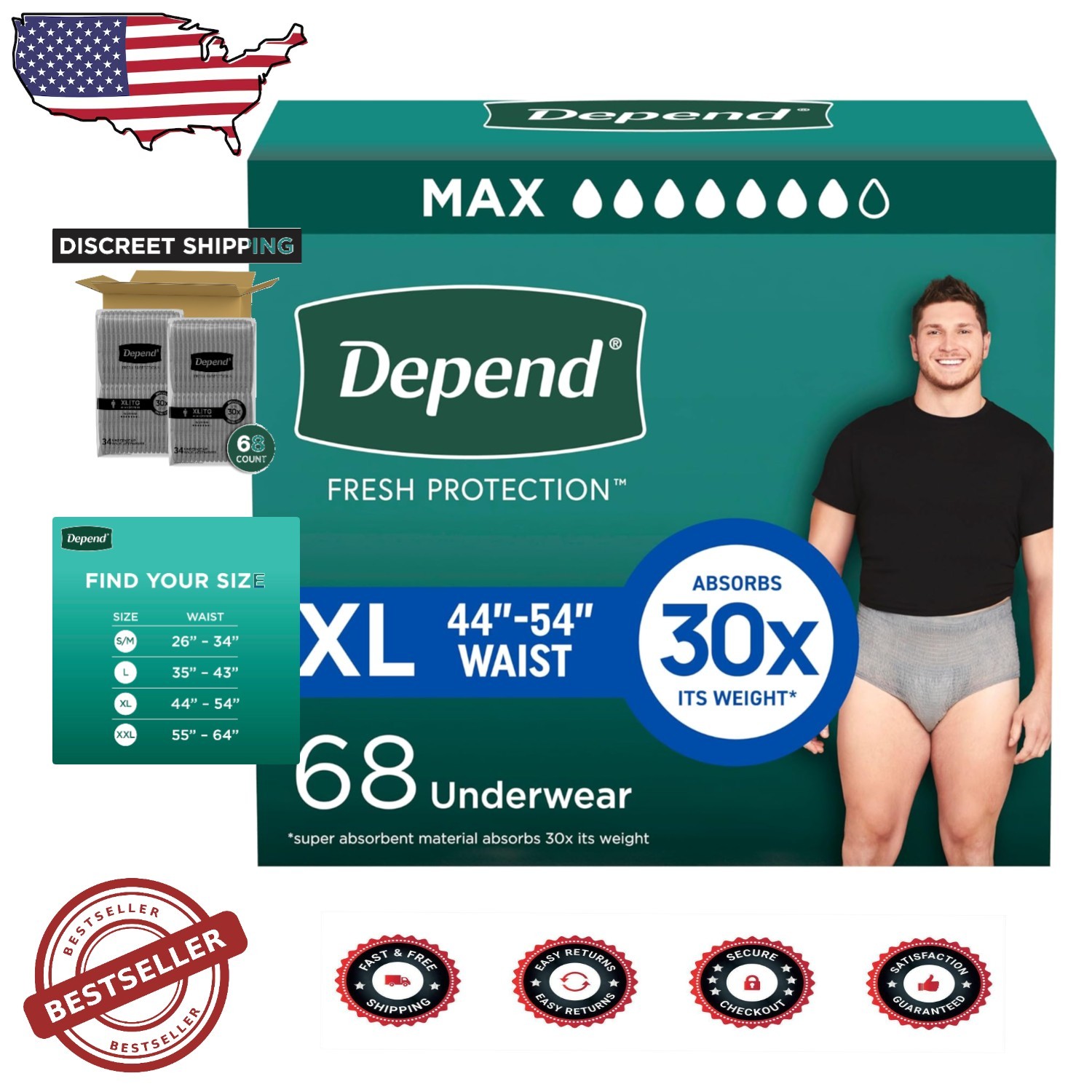 XL Grey Adult Diapers for Men: 68 Count, Max Protection, OdorBlock Tech, Dryness